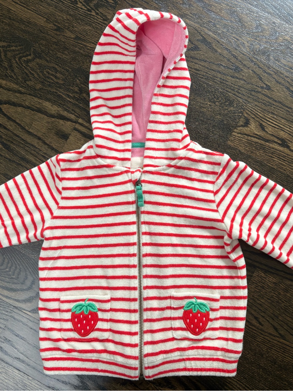 Mini Boden Girls Strawberry Striped Terry Zip-Up Hoodie 104cm 3-4Y